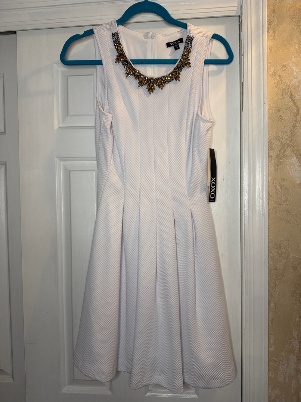 XOXO White Sleeveless Fit-and-Flare Dress with Embellished Neckline